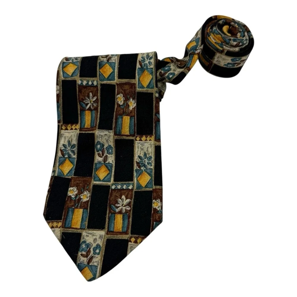 Ermenegildo Zegna‎ Black Silk Tie Potted Flowers Print 3.5x58 Made in Italy